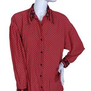 Express Vintage Button Down Blouse Size Medium 100% Rayon Red and Blue Print